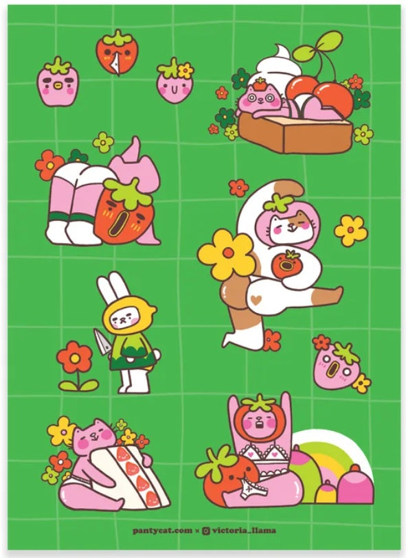 Panty Cat Loves Strawberries Stickers