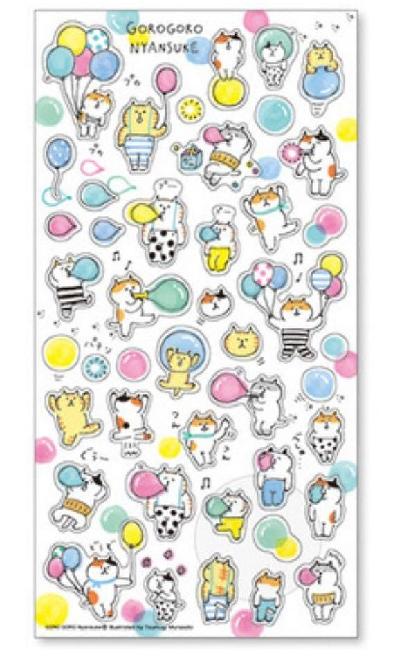 Gorogoro Cat Blowing Bubbles & Balloons Stickers by Mind Wave